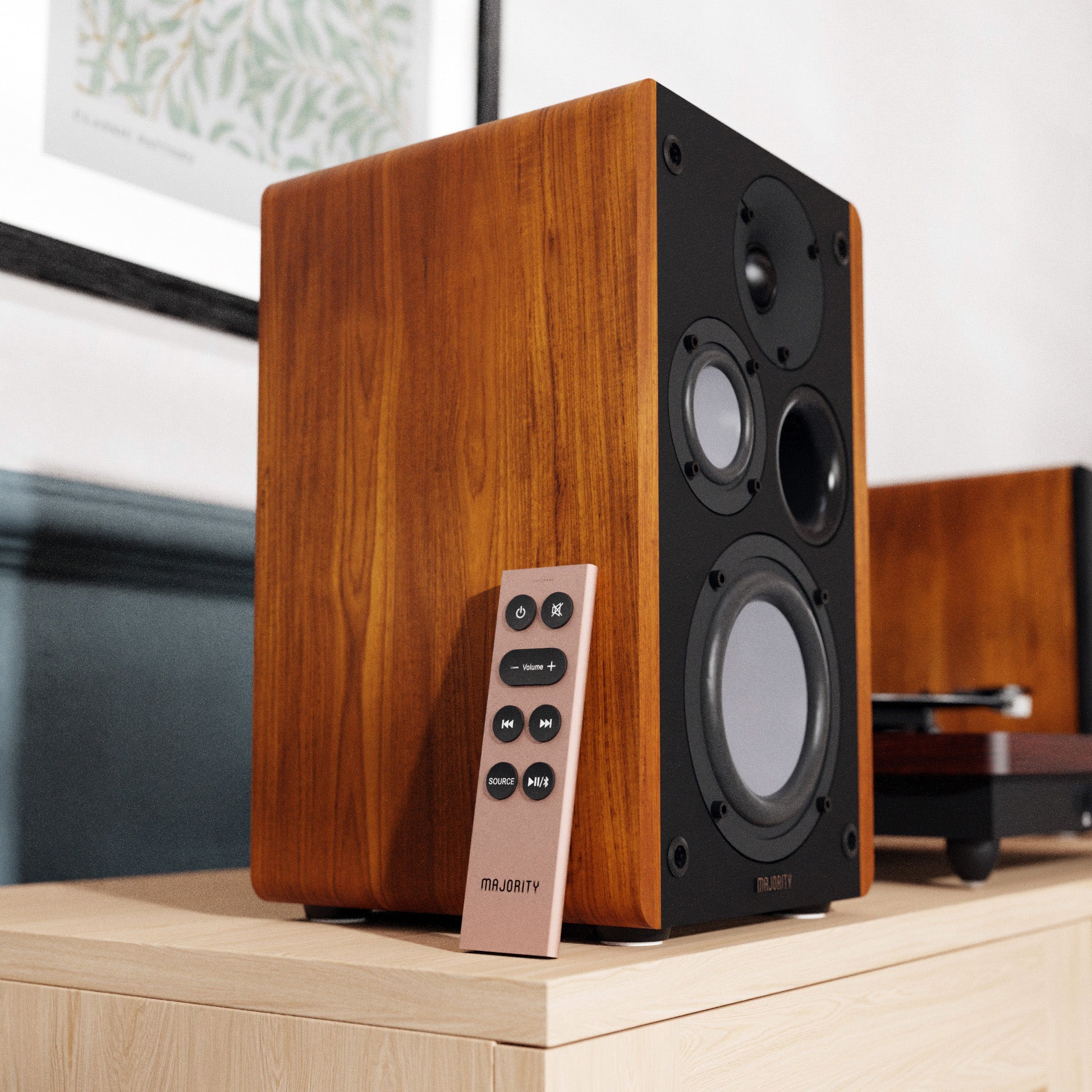 Majority D100 Powered Bookshelf Speakers, Wood - official product image