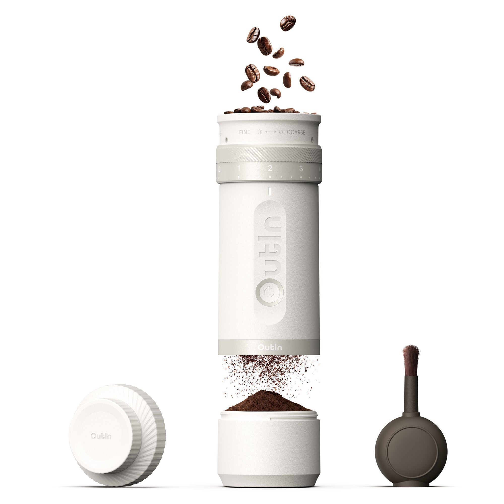 Outin Fino portable electric coffee grinder in Sandstone White