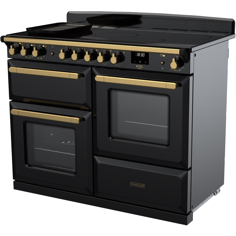 Rangemaster Estel Deluxe 110 Induction range cooker in Gloss Black with Brass trim
