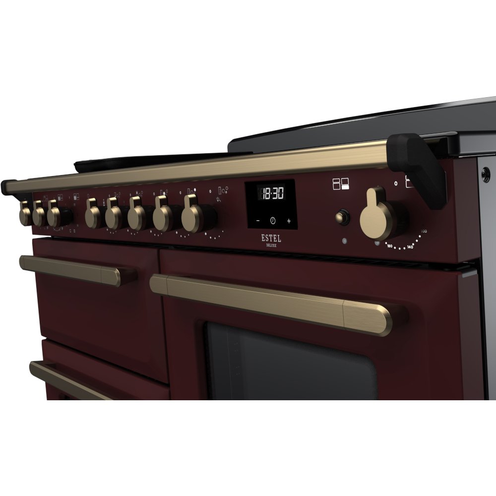 Rangemaster Estel Deluxe 110 Induction range cooker in Bordeaux with Brass trim