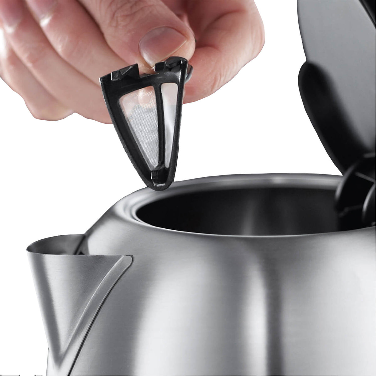 Russell Hobbs Snowdon 1.7L Kettle 3000W - Brushed Stainless Steel - switch and filter detail