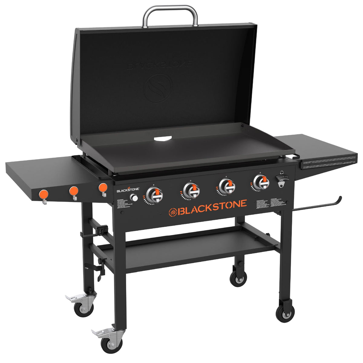 Blackstone Original 36" Griddle with Hood, 4 Burner Gas Griddle - Black - front view, hood open