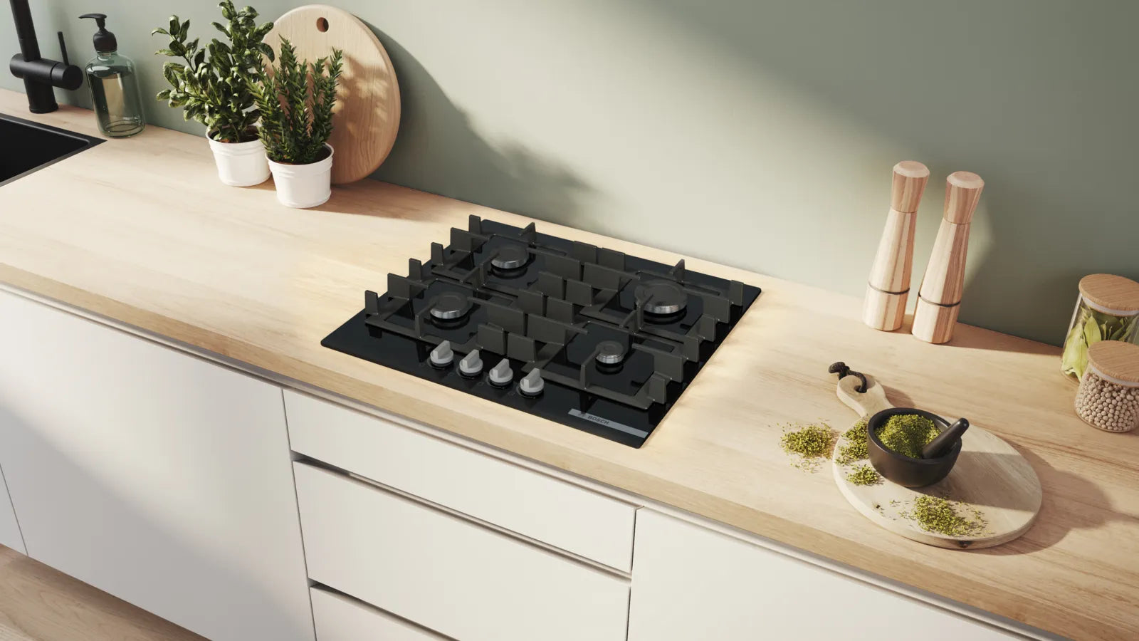 Bosch PNP6B6K40 Series 4 60cm 4 burner gas hob in Black tempered glass