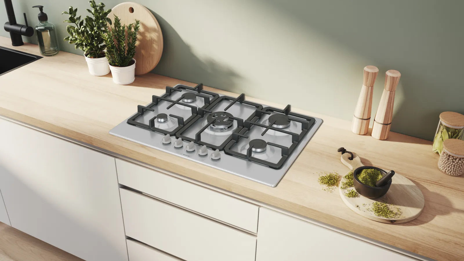 Bosch PGQ7B5K90 Series 4 75cm 5 burner gas hob with central wok burner in Stainless Steel