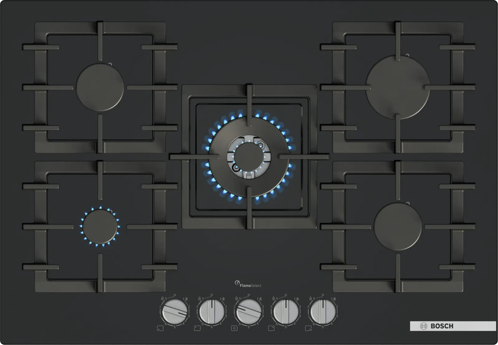 Bosch PPQ7A6I40 Series 6 75cm 5 burner gas hob with wok burner in Black tempered glass