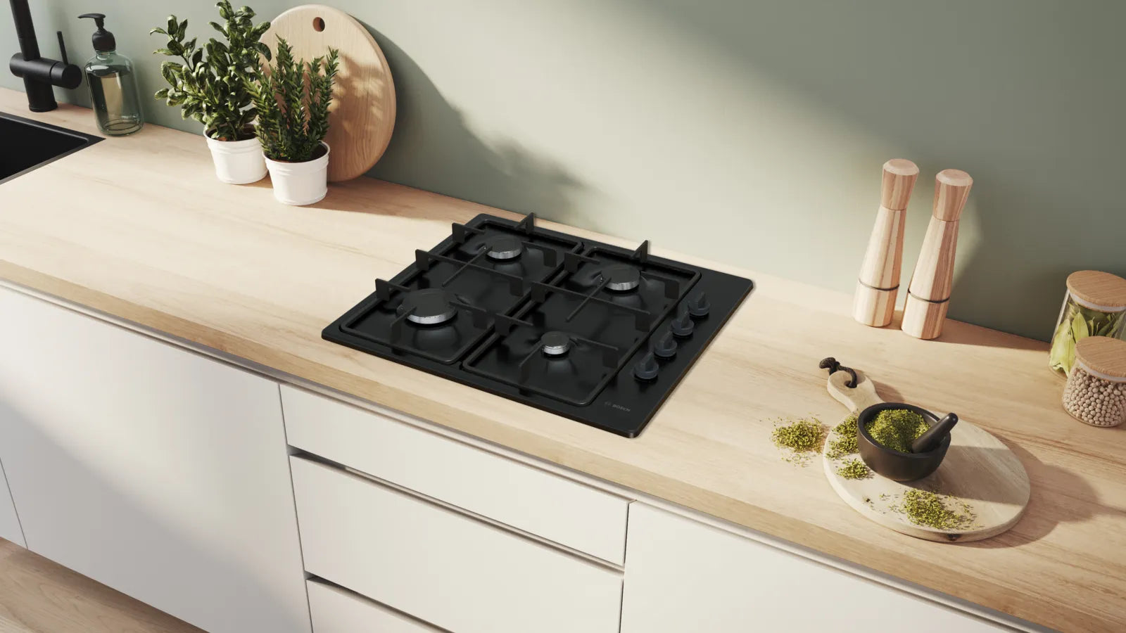 Bosch PBP6B6K60 Series 2 60cm 4 burner gas hob in Black enamel