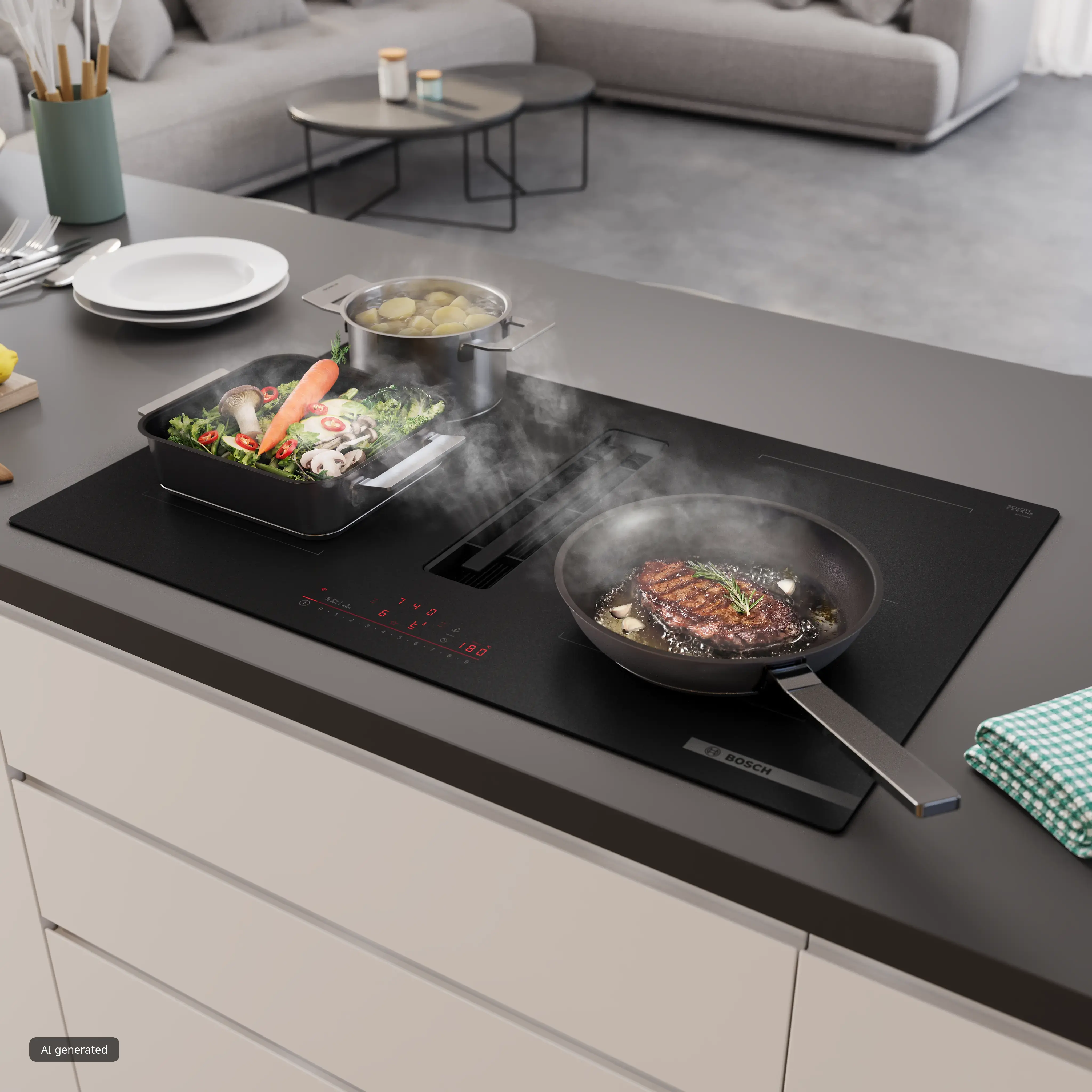 Bosch Series 6 PVQ81AH26E 80cm vented induction hob in Matt Black