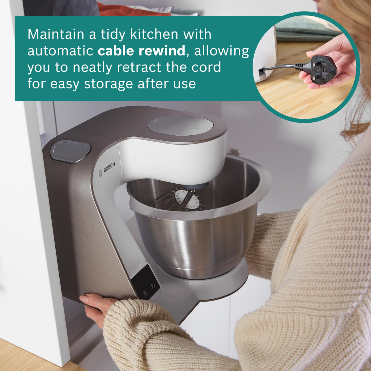 Bosch Series 4 MUM5 Stand Mixer with Integrated Scales 1000W - White - automatic cable rewind