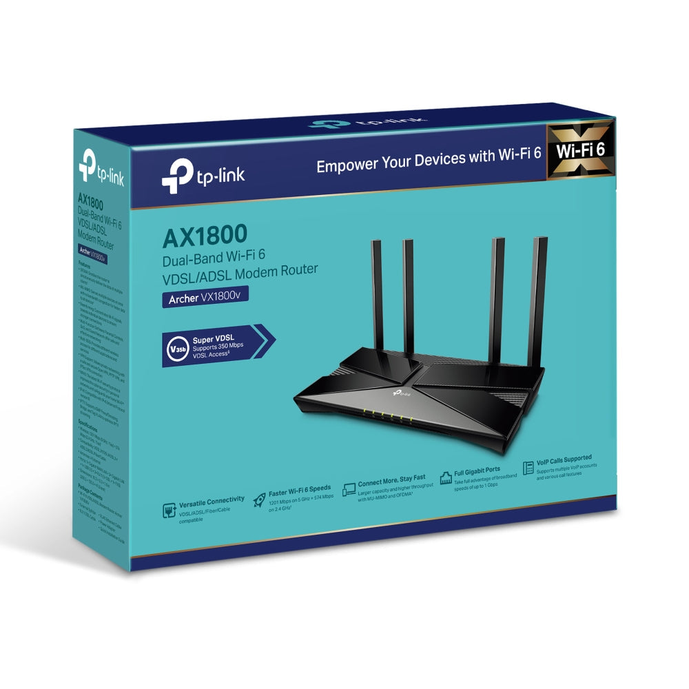 TP-Link Archer VX1800v retail packaging (AX1800 Dual-Band Wi-Fi 6 VDSL/ADSL Modem Router)