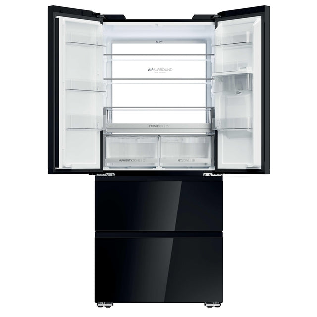 Haier FD 83 Series 7 466L French Door Fridge Freezer with Water Dispenser - Black - doors open