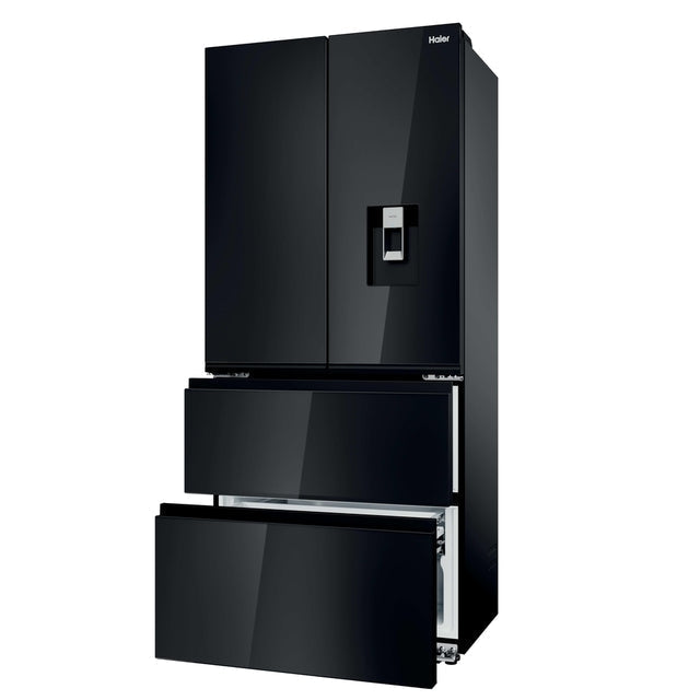 Haier FD 83 Series 7 466L French Door Fridge Freezer with Water Dispenser - Black - in a kitchen