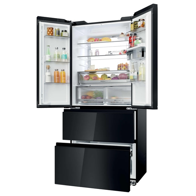 Haier FD 83 Series 7 466L French Door Fridge Freezer with Water Dispenser - Black - doors open