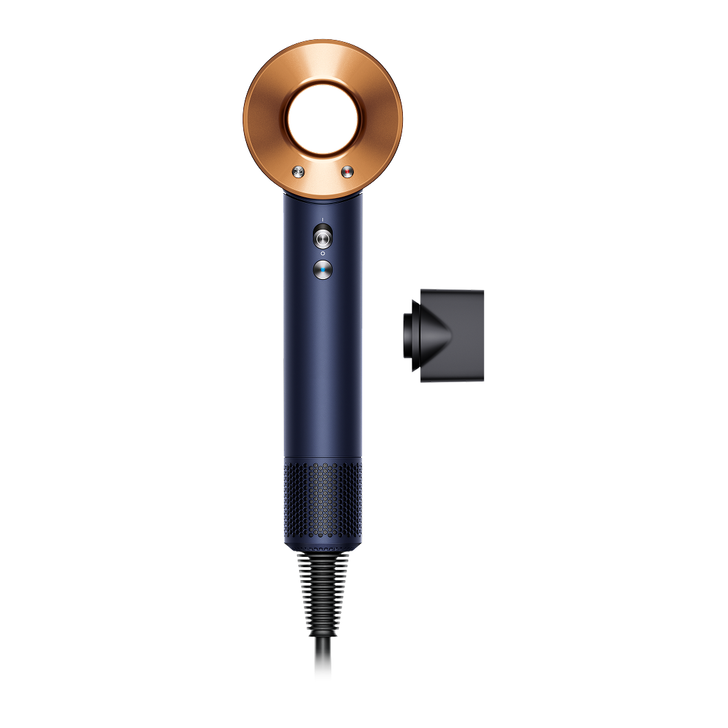 Dyson Supersonic Origin Hair Dryer - Prussian Blue/Rich Copper - front view with Smoothing nozzle