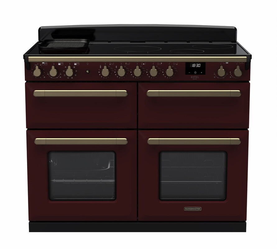 Rangemaster Estel Deluxe 110 Induction range cooker in Bordeaux with Antique Brass trim
