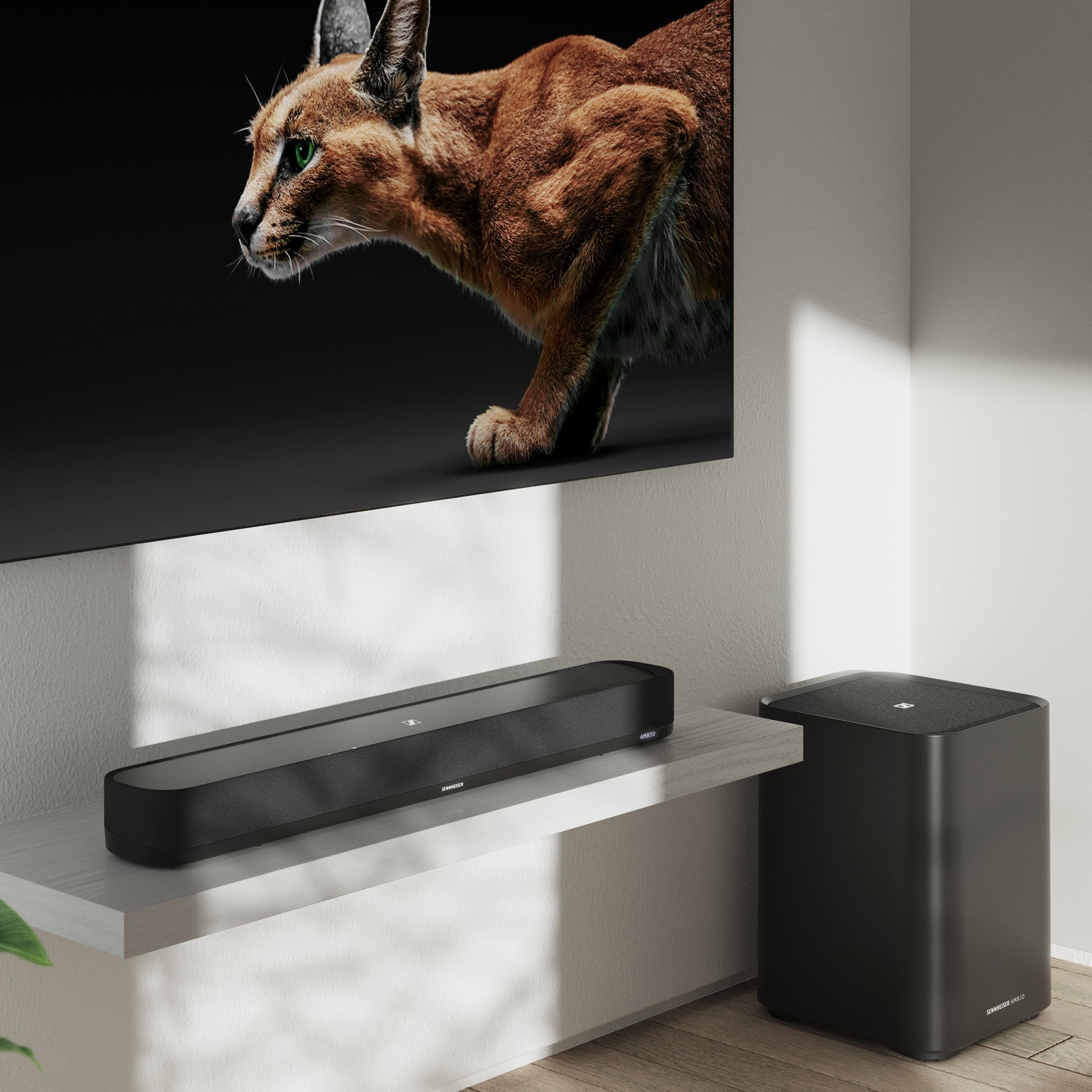 Sennheiser AMBEO Soundbar Mini Black — lifestyle, on a TV shelf with AMBEO Sub alongside