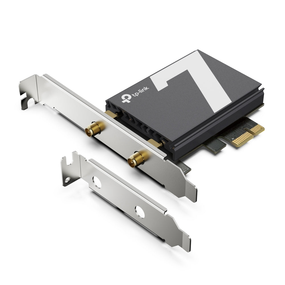 TP-Link Archer TBE550E BE9300 Wi-Fi 7 Bluetooth PCIe Adapter — angled view showing PCIe connector