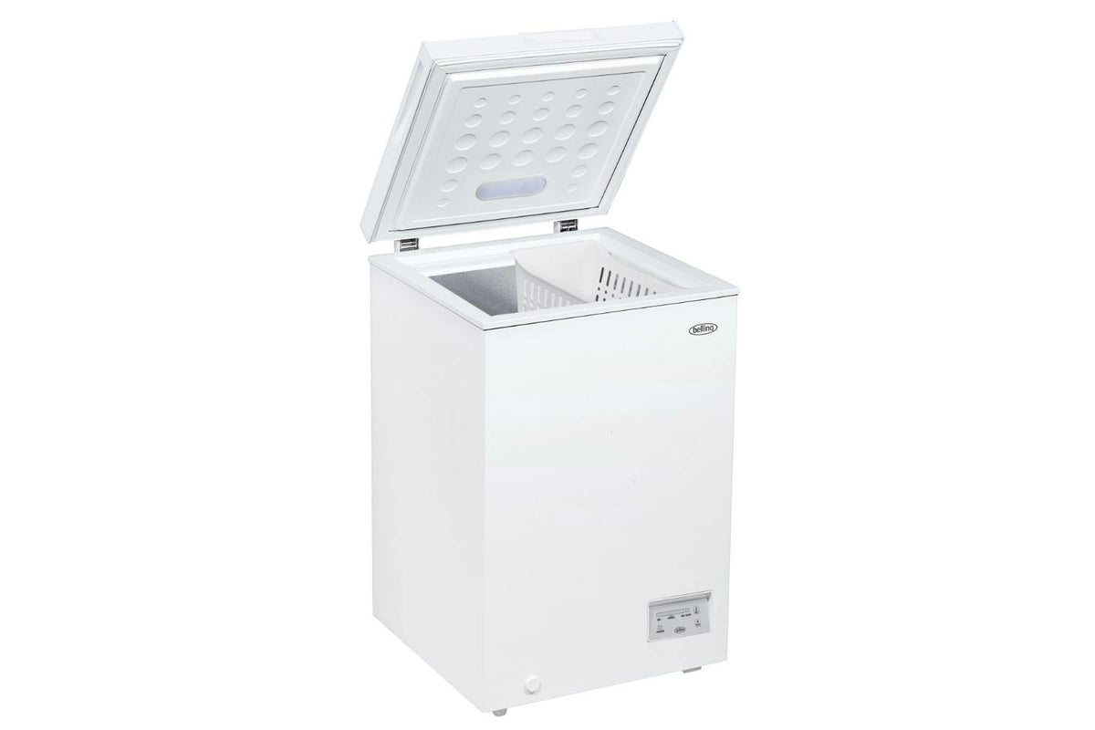 Belling 98L Chest Freezer with Frost Shield - White - lid open