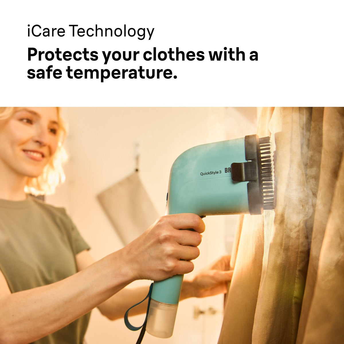 Braun QuickStyle 3 Garment Steamer - Green - iCare Technology, steaming fabric with the brush attached