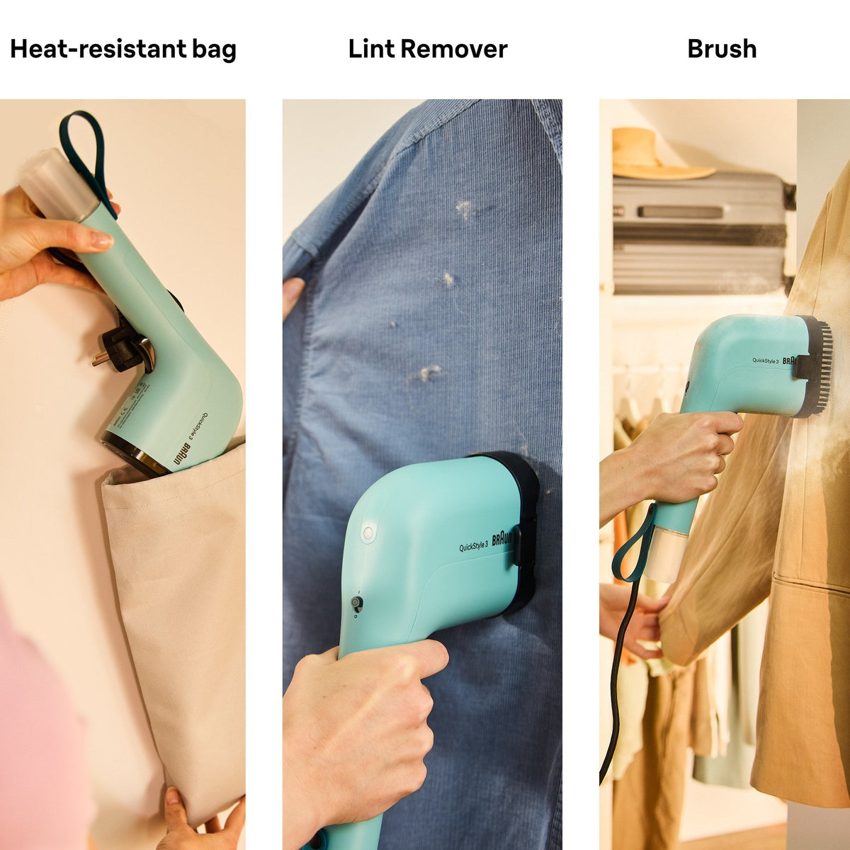 Braun QuickStyle 3 Garment Steamer - Green - heat-resistant bag, lint remover and brush shown in use