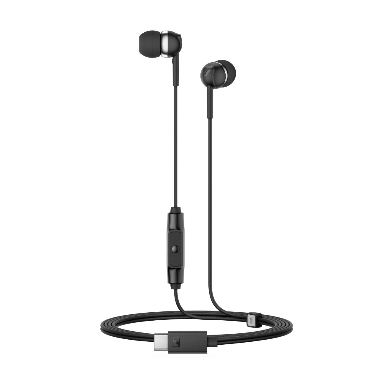Sennheiser CX 80U USB-C Earphones Black — earbuds hanging by cable, studio