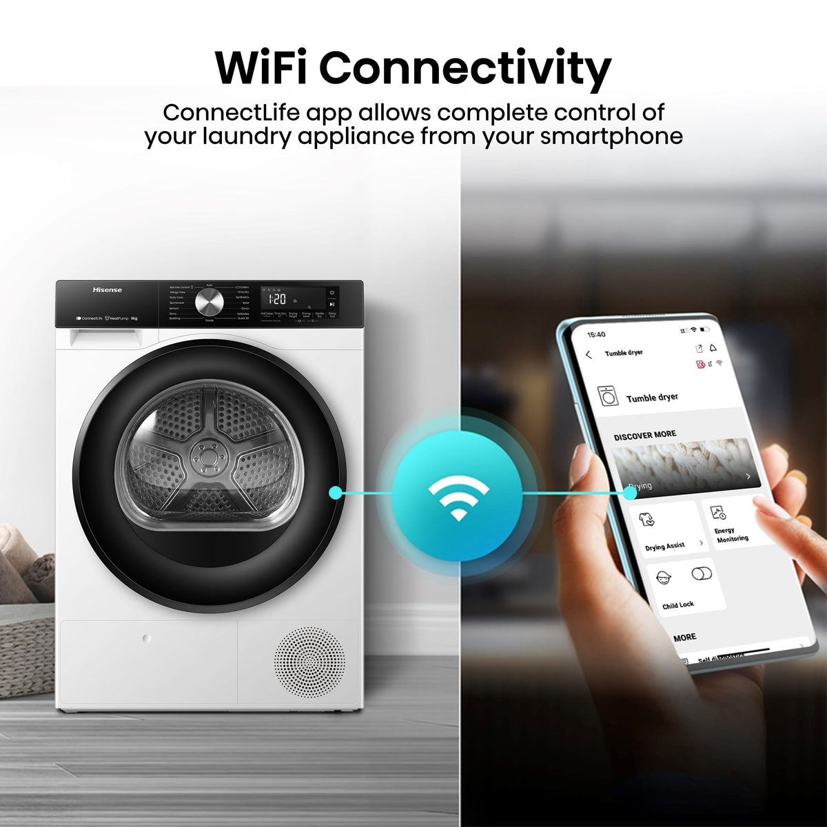 Hisense 3S Series 8kg Heat Pump Tumble Dryer - White - ConnectLife app