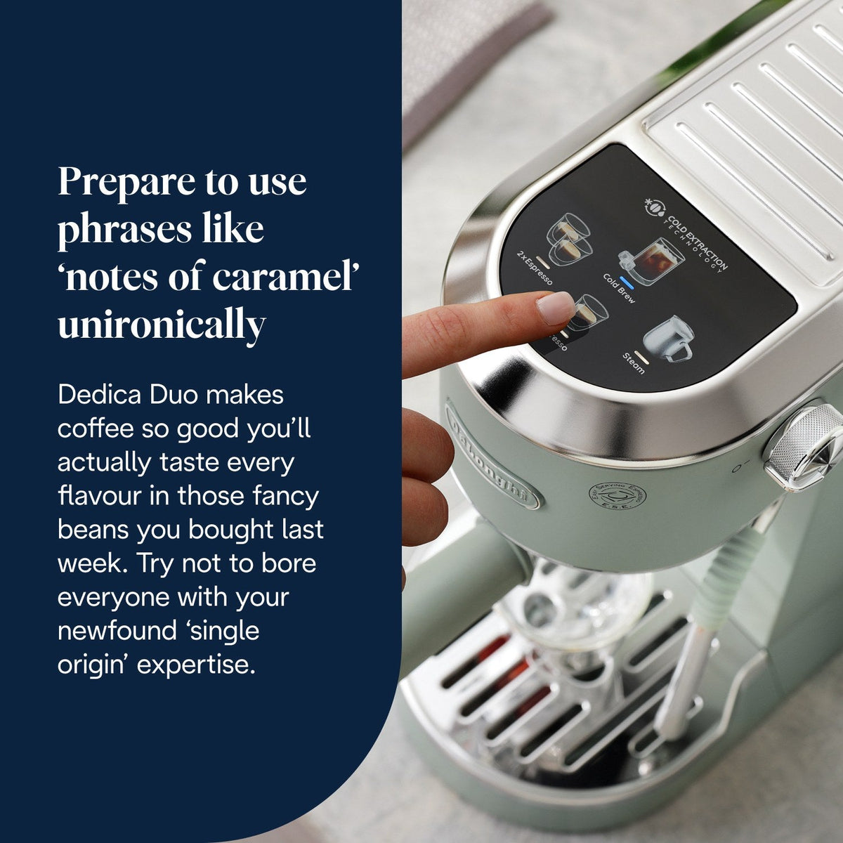 De'Longhi Dedica Duo Espresso Machine - Green - touch control panel with coloured icons