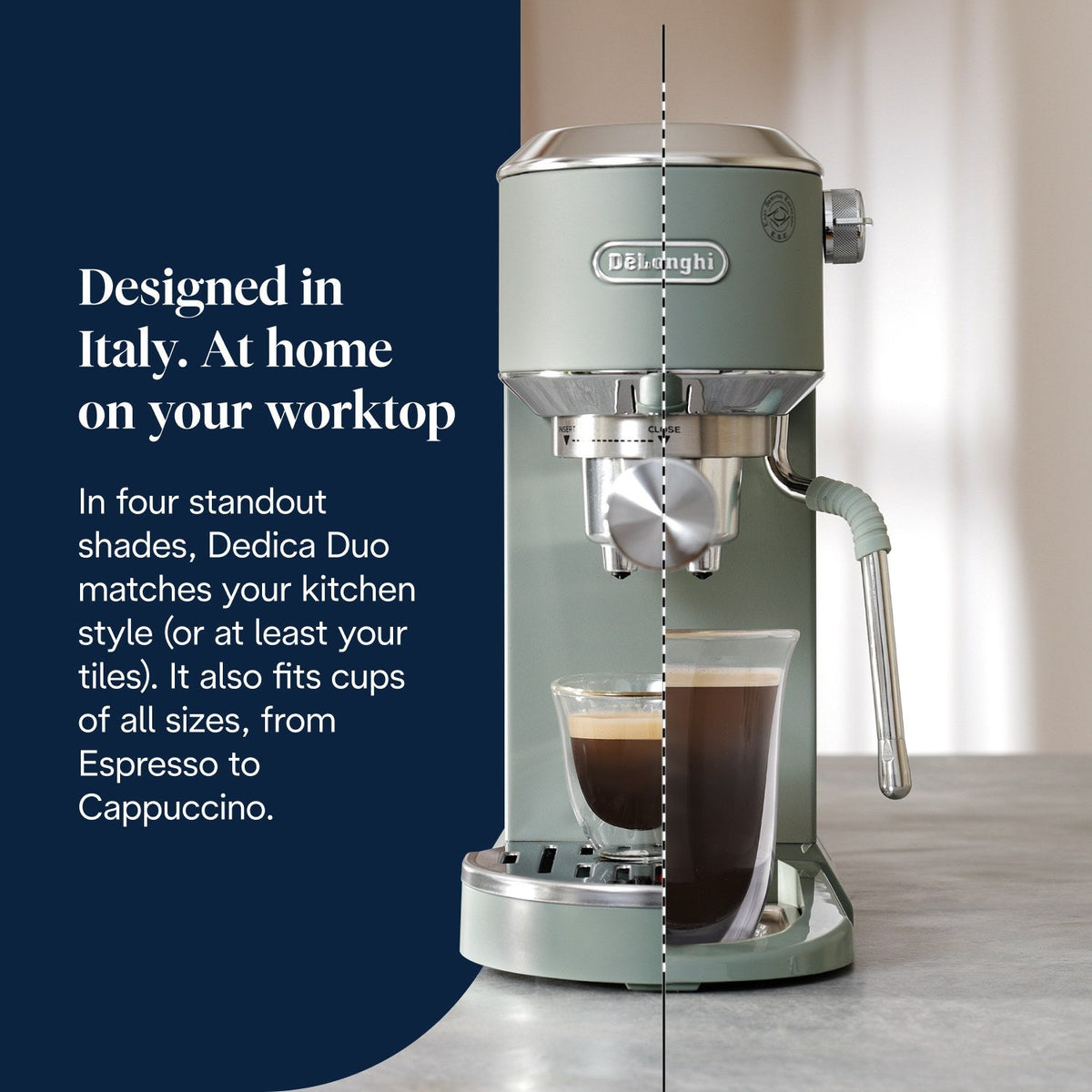 De'Longhi Dedica Duo Espresso Machine - Green - compact Italian design on the worktop