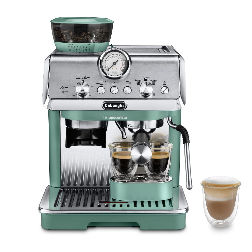 De'Longhi La Specialista Arte Espresso Machine - Green - front view with espresso cup