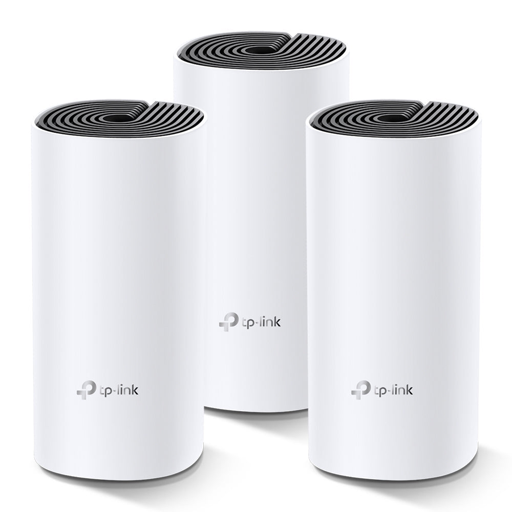 TP-Link Deco M4 mesh Wi-Fi system, three units — front view