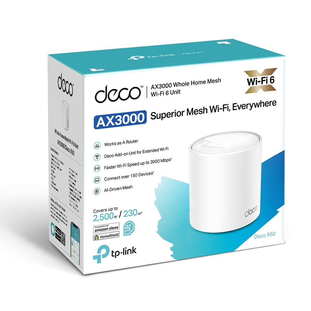 TP-Link Deco X50 retail packaging (printed 'Wi-Fi 6 Unit', singular) with single unit