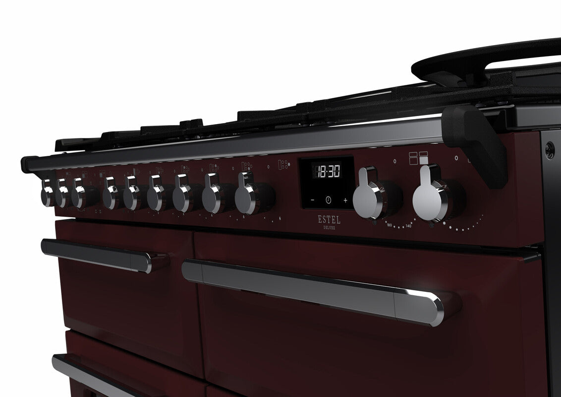 Rangemaster Estel Deluxe 110 Dual Fuel range cooker in Bordeaux with Chrome trim
