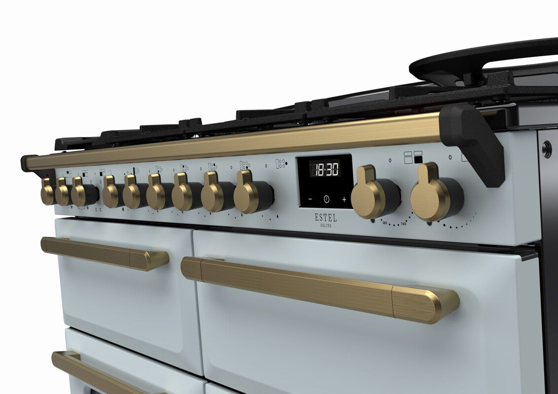 Rangemaster Estel Deluxe 110 Dual Fuel range cooker in Misty Blue with Antique Brass trim