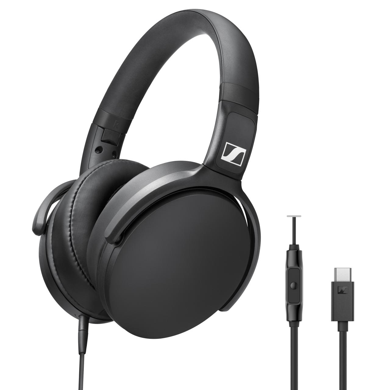Sennheiser HD 400U USB-C Headphones Black — hero with detached cable