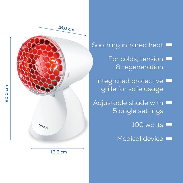 Beurer IL 11 Infrared Lamp 100W with dimensions and spec callouts, 18x20x12.2cm