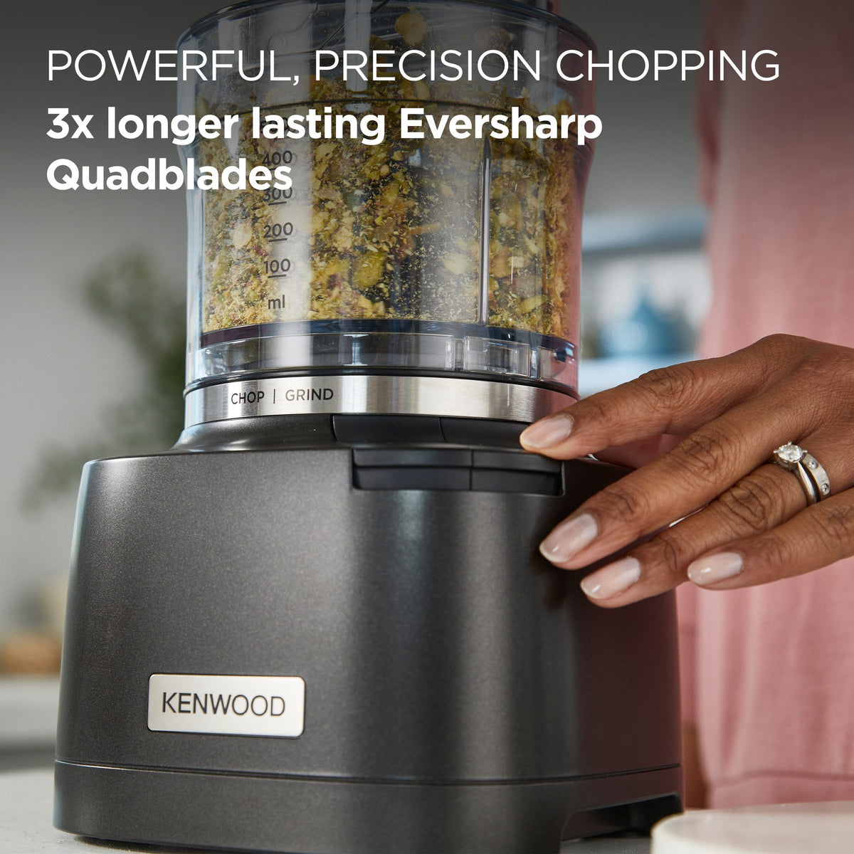Kenwood Duo Prep Chopper and Grinder - Black - chopping with Eversharp Quadblades