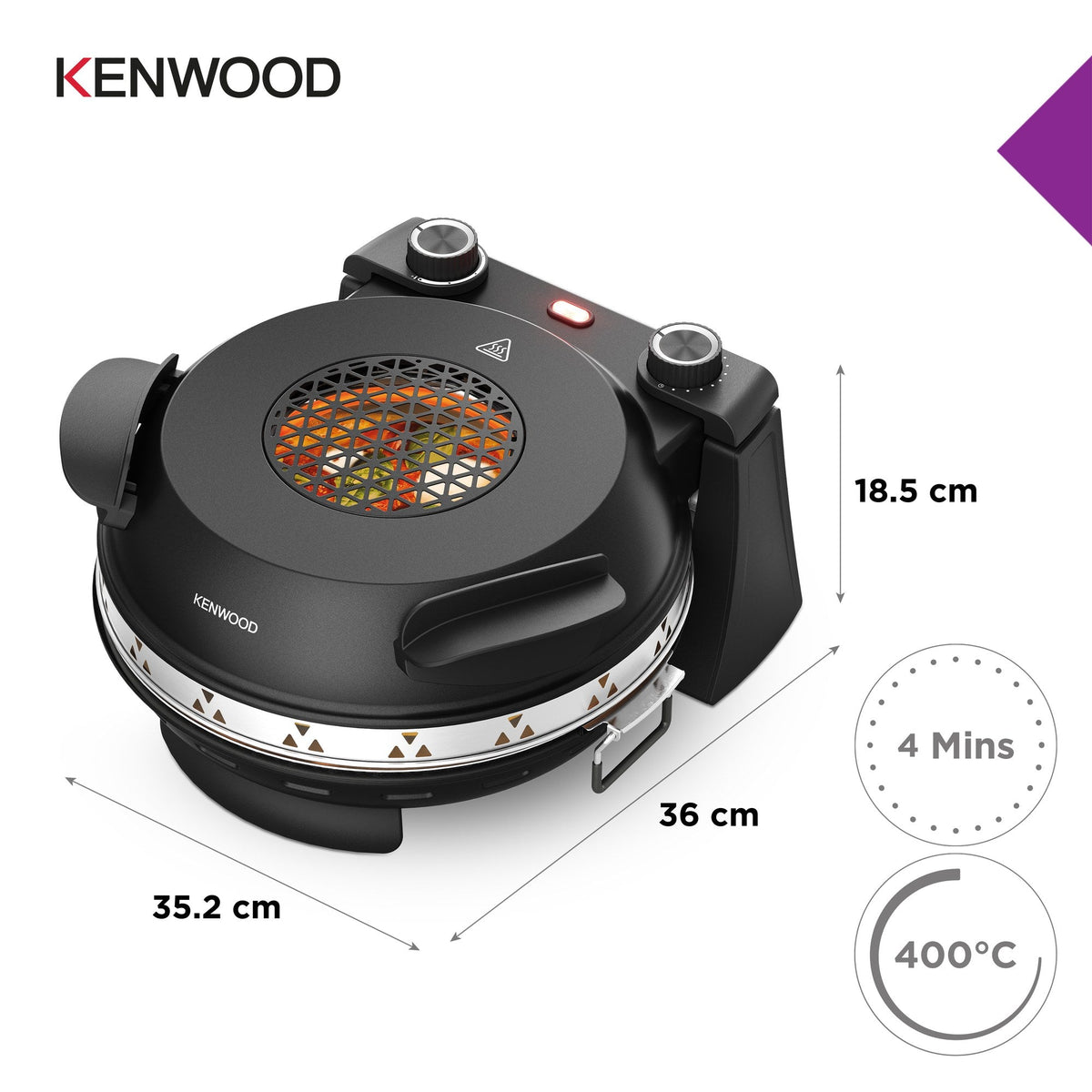 Kenwood My Pizzeria Pizza Oven - Black - dimensions, 400C heat and 4-minute cooking