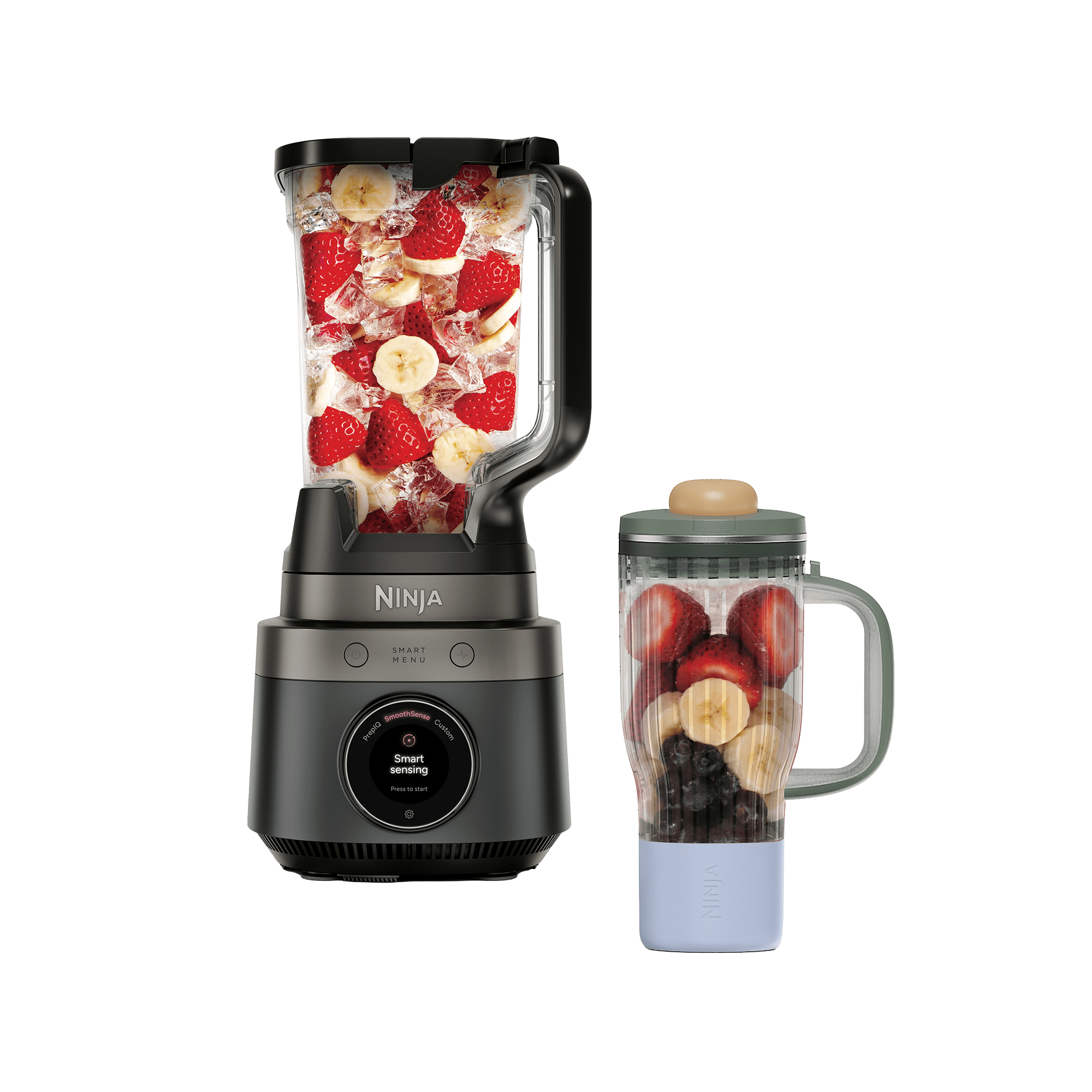 Ninja CrushBOSS 2-in-1 Blender Duo with BlendBOSS Tumbler in Onyx — front view, jug and tumbler filled with fruit