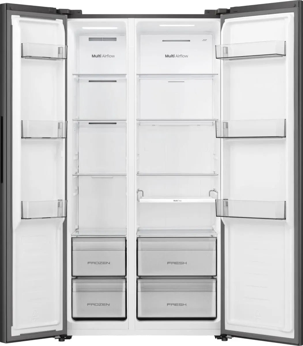 Hisense Hi3 544L Side by Side Fridge Freezer with PureFlat Design - Black - in a kitchen