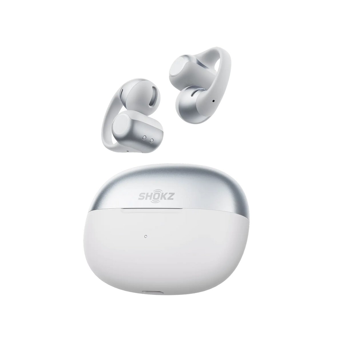 Shokz OpenDots 2 Open-Ear Clip-On Earbuds - Grey - earbuds above the charging case