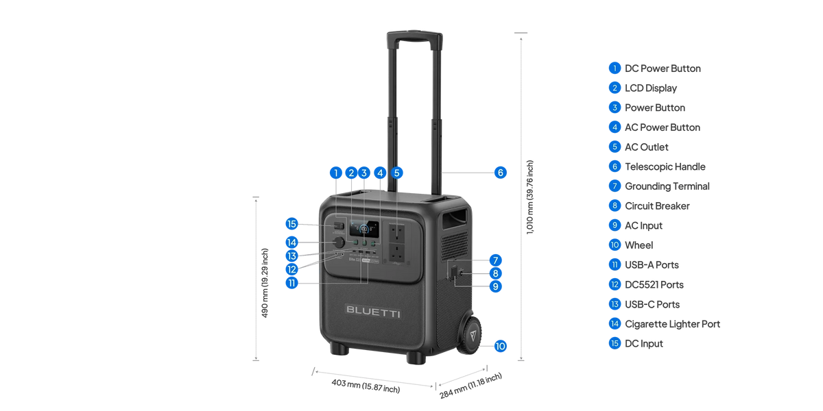 BLUETTI Elite 320 3,200Wh 1,800W Portable Power Station - ports and dimensions