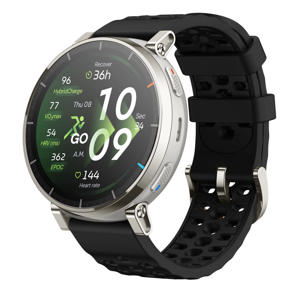Amazfit Active 3 Premium 45mm Smartwatch - Apex Silver - angled view, watch face