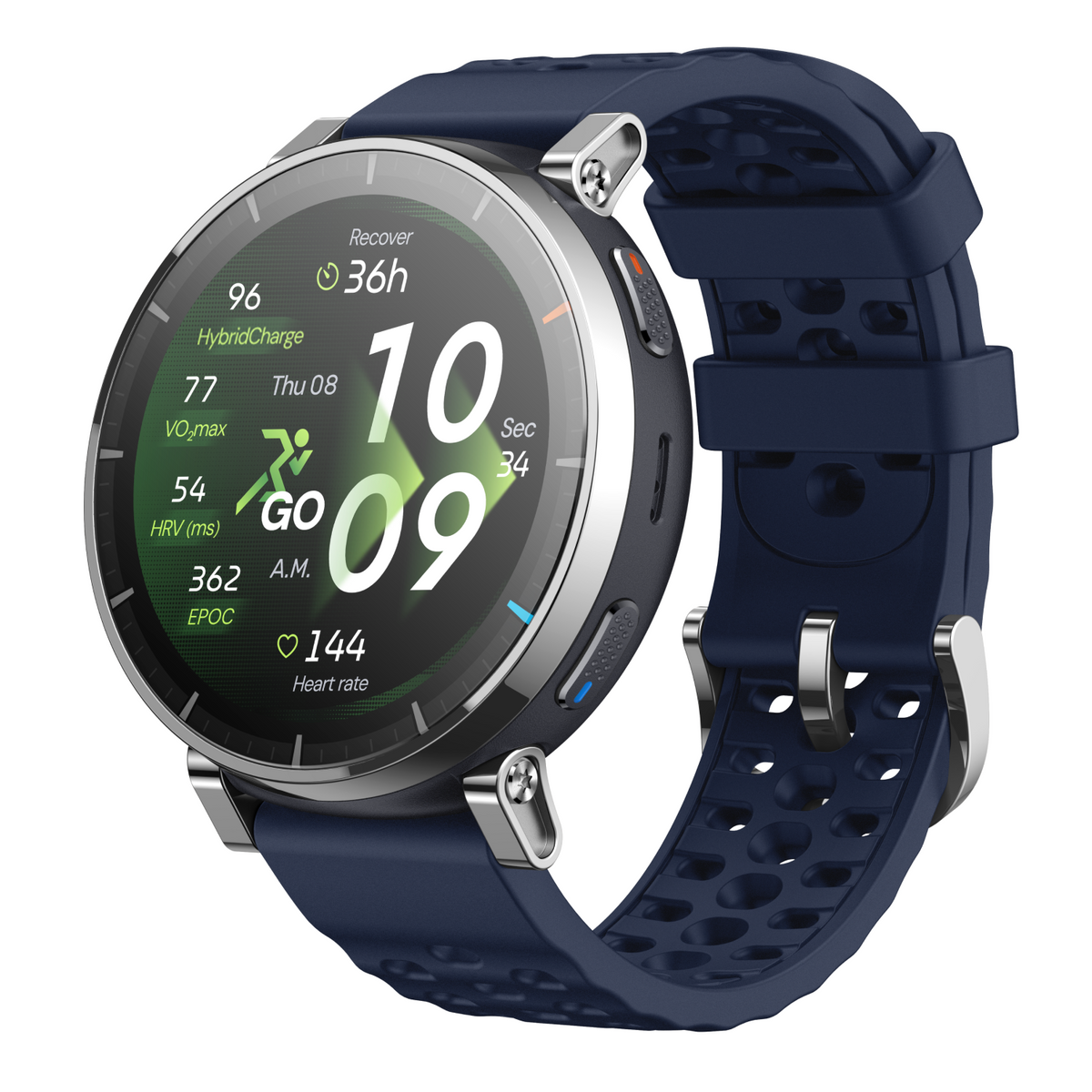 Amazfit Active 3 Premium 45mm Smartwatch - Atlas Blue - angled view, watch face