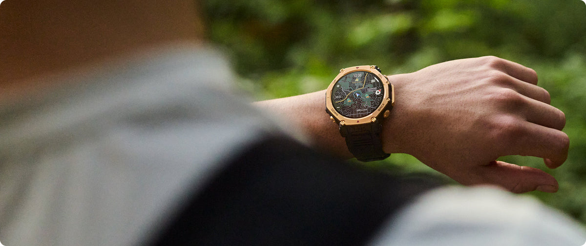 Amazfit T-Rex 3 Pro 48mm Smartwatch - Black Gold - on the wrist outdoors