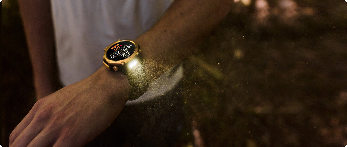 Amazfit T-Rex 3 Pro 48mm Smartwatch - Black Gold - flashlight in use