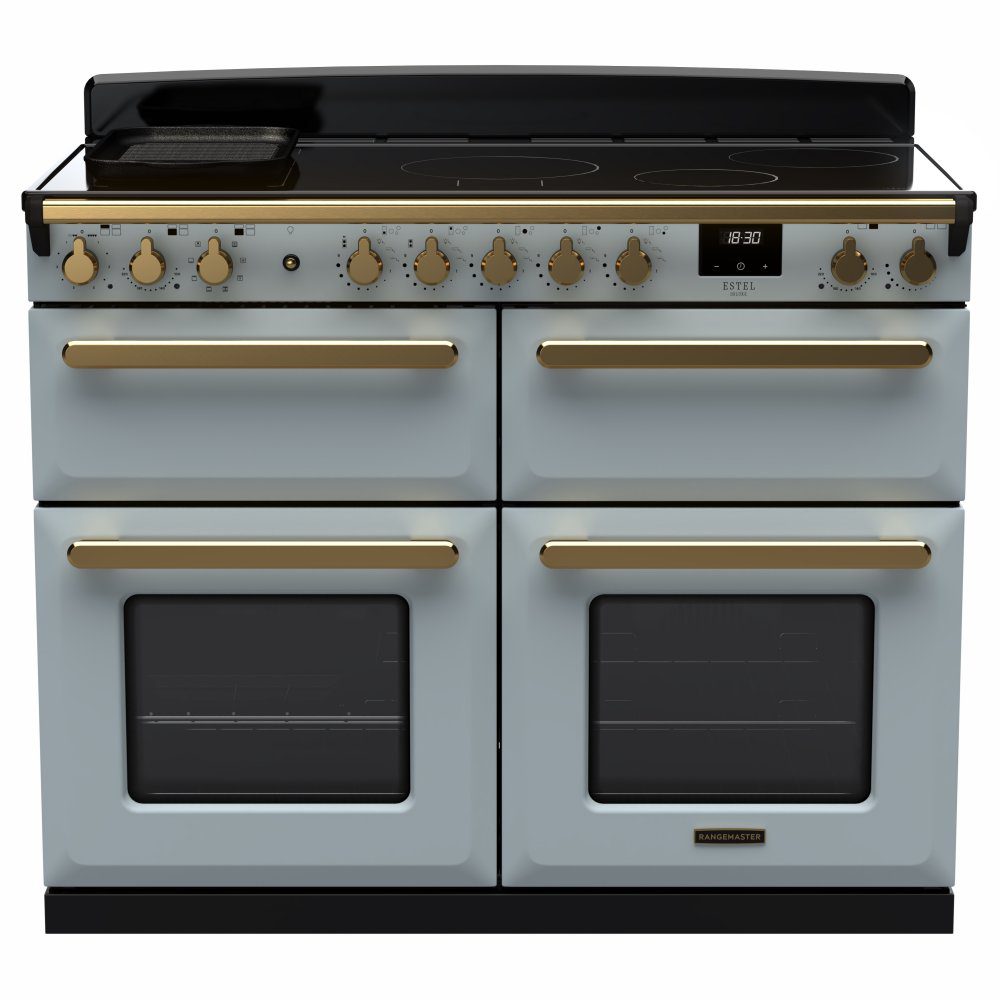 Rangemaster Estel Deluxe 110 Induction range cooker in Misty Blue with Antique Brass trim