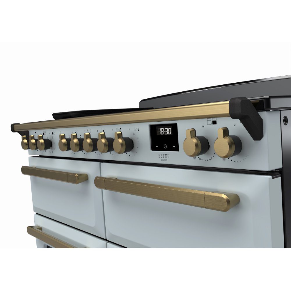 Rangemaster Estel Deluxe 110 Induction range cooker in Misty Blue with Antique Brass trim