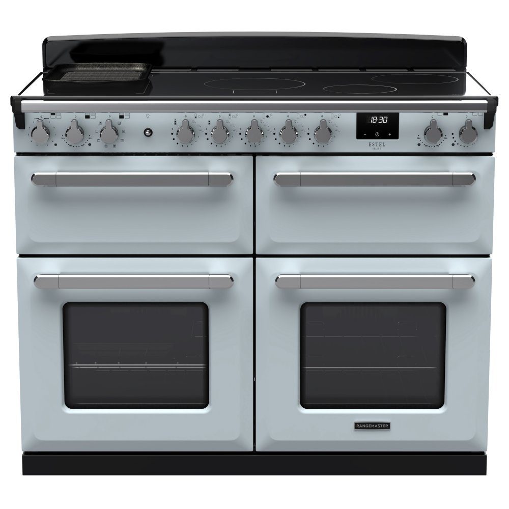 Rangemaster Estel Deluxe 110 Induction range cooker in Misty Blue with Chrome trim