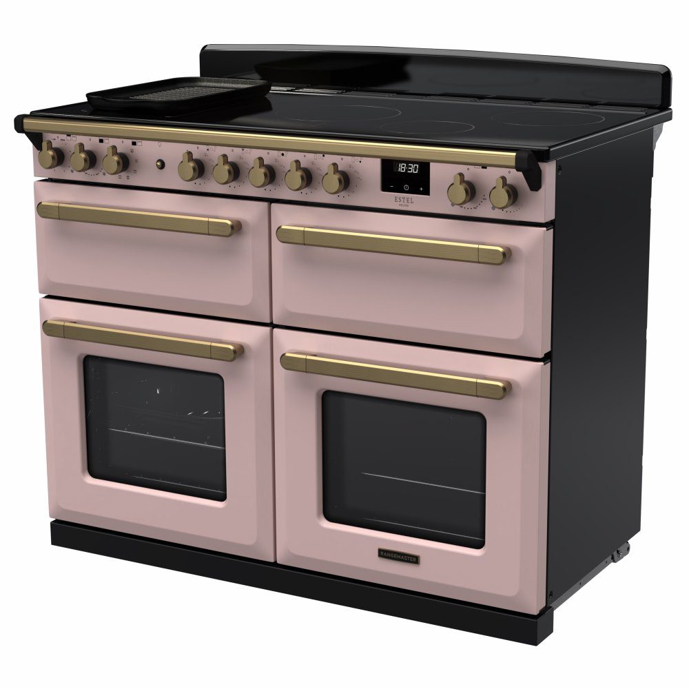 Rangemaster Estel Deluxe 110 Induction range cooker in Pale Pink with Antique Brass trim