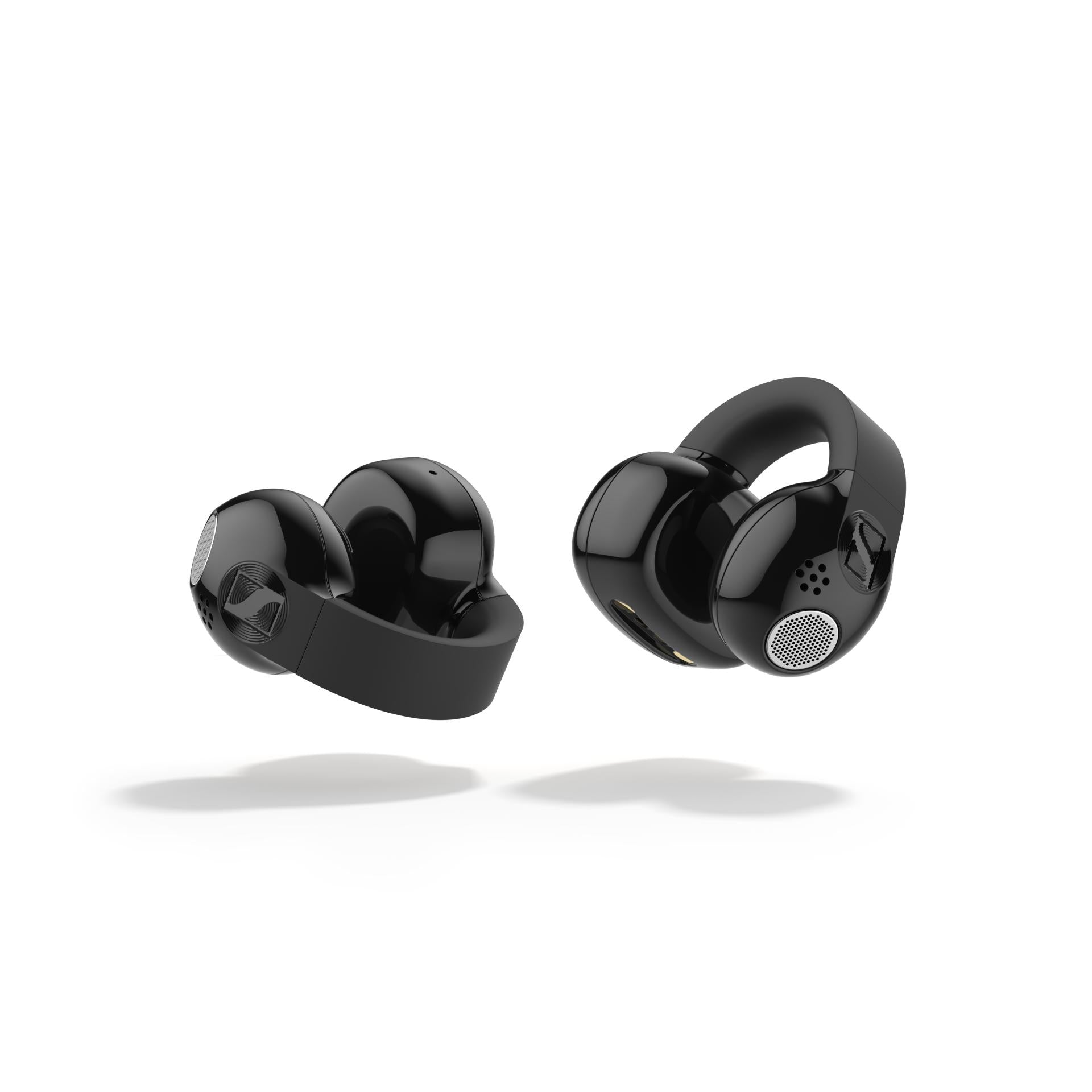 Sennheiser ACCENTUM Clip Open-Ear Earphones Black — floating earbud pair, product photography