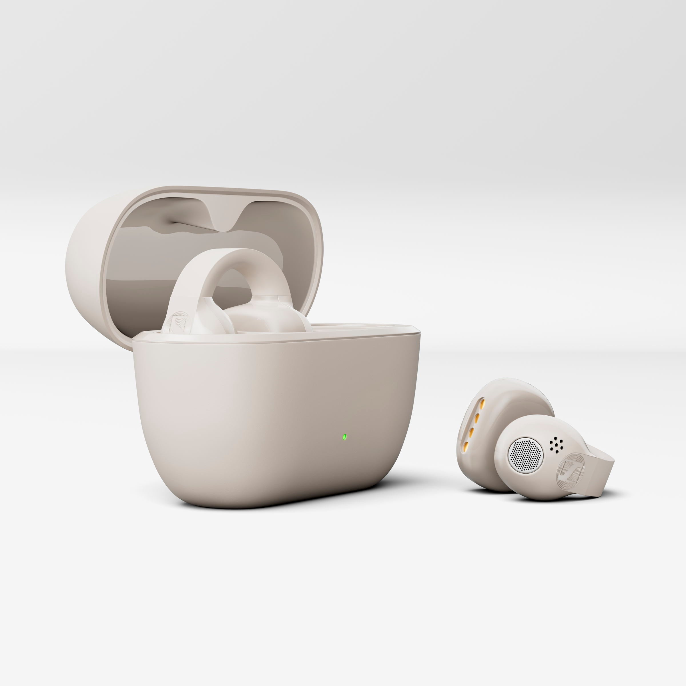 Sennheiser ACCENTUM Clip Open-Ear Earphones Cream — floating earbud pair, CGI render